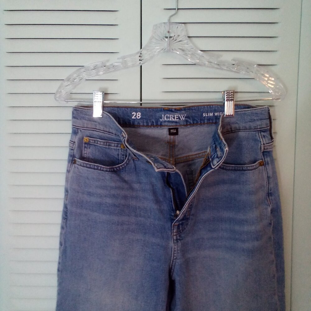 J. CREW 28 SLIM WIDE LEG RAW HEM HIGH RISE STYLE#BR863 SP23 INDIGO BLUE MED WASH - Picture 2 of 13